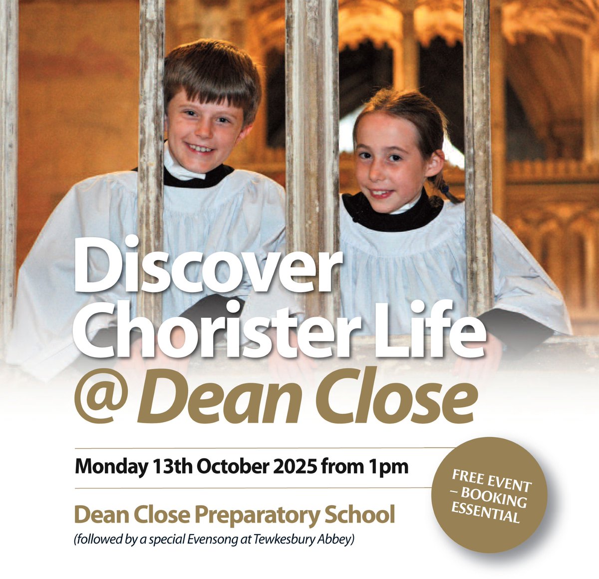 Do you know a young person in year 3&amp;4 with a passion for singing?  Why not consider joining the Discover Chorister Life event at Dean Close Preparatory School - home to Tewkesbury Abbey's Schola Cantorum choir. Monday 13 Oct from 1pm. Contact: scholacantorum@deanclose.org.uk