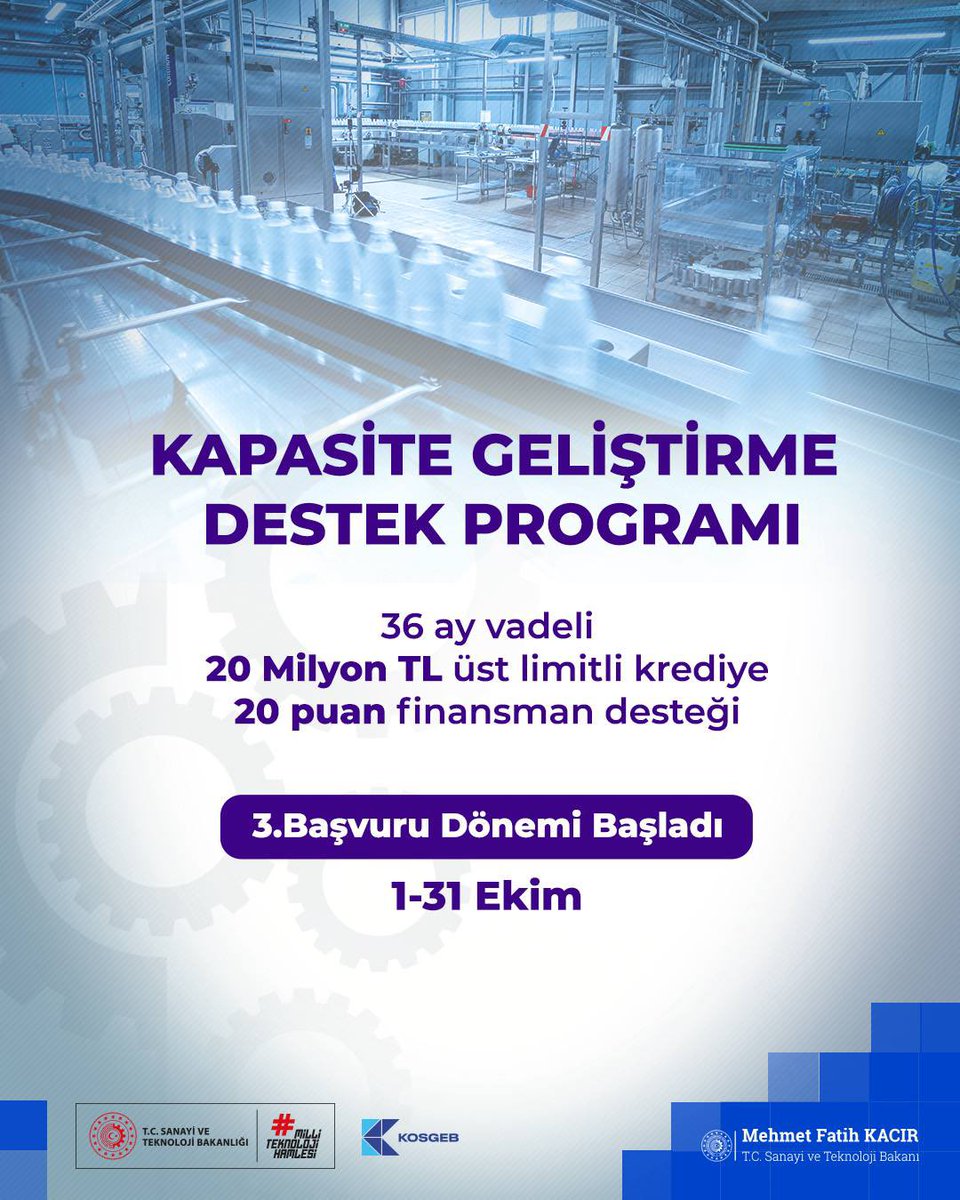 ⚙️ Türkiye ekonomisinin kalbi KOBİ’lerimizi güçlendirmeye devam ediyoruz.

@KOSGEB Kapasite Geliştirme Destek Programı’nda bu yılın 3. başvuru dönemini açıyoruz.

📌 20 milyon TL’ye kadar, 36 ay vadeli kredi için 20 puanlık finansman desteği sağlıyoruz.

Bu yıl, ilk iki başvuru