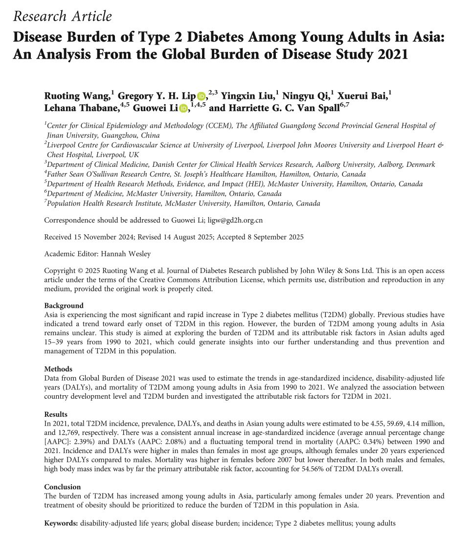 hvanspall's tweet photo. In this #GBD analysis led by Ruoting Wang, 59.9M young adults <40y in #Asia live w #T2DM
💢Age-standardized #incidence, #prevalence, #DALYs has ⬆️⬆️over time
💢 Disease burden is greater in #males than #females
💢 #Overweight/#obesity is the single biggest contributing factor https://t.co/qis0ujlnSO
