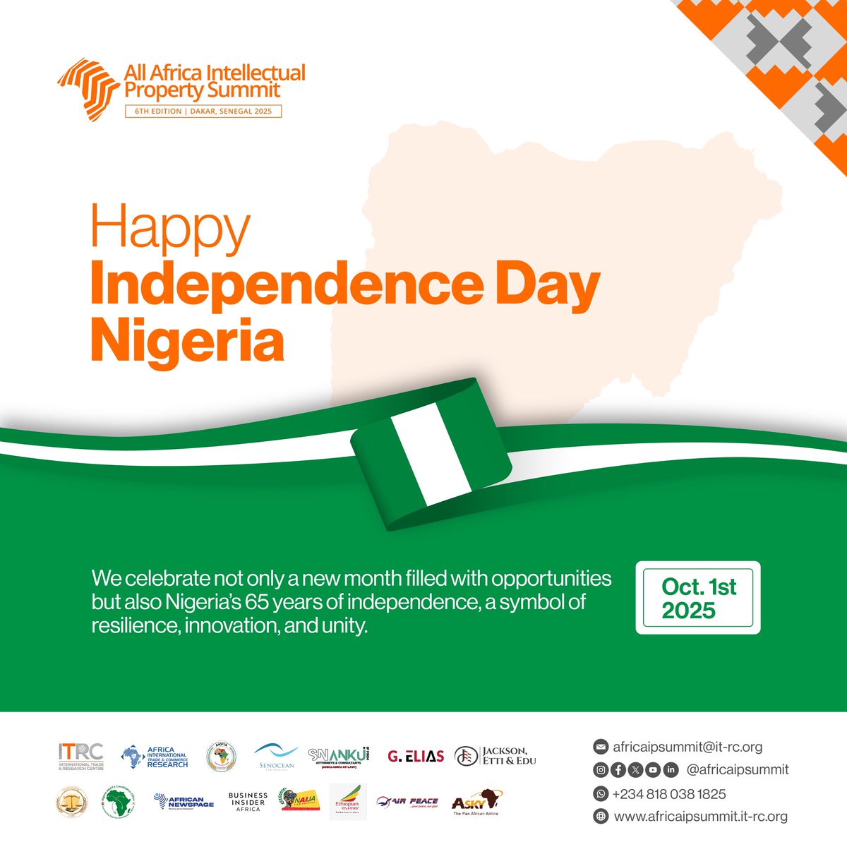 🚀 Happy 65th Independence Anniversary, Nigeria🎊! 

As we echo the theme for this year's celebration, “All Hands on Deck”, let us be reminded that just as freedom was built through unity, Africa’s future through IP can be built when we all put in our collective effort.