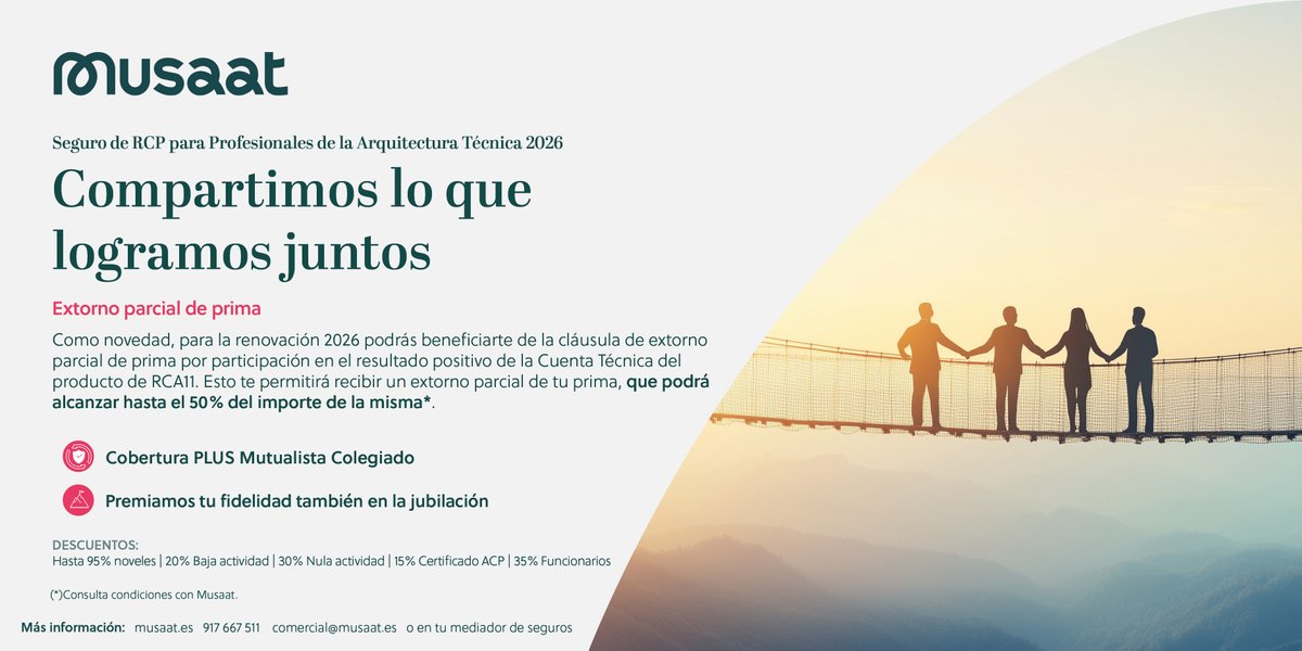 ✨ Novedades 2026: Seguro de RCP para profesionales de la Arquitectura Técnica✨

Si tu póliza está en vigor durante 2025 y la renuevas en 2026, podrás beneficiarte de esta cláusula, el extorno puede alcanzar hasta el 50% del importe de la prima.

🙏 <a href="/Musaat_Seguros/">Musaat</a>