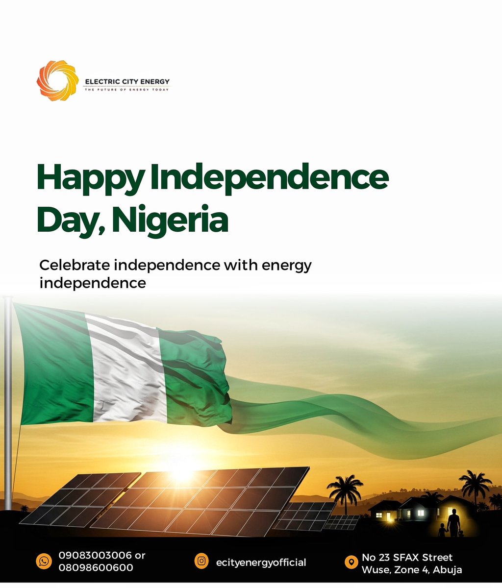 EcityEnergy's tweet image. Happy Independence Day, Nigeria! 🇳🇬
The next chapter of freedom is Energy Independence. This October, don&apos;t just celebrate history—make a choice for a brighter, self-sustained future. Electric City Energy is powering the change, today.
#NigeriaAt65 #Ecity #solar