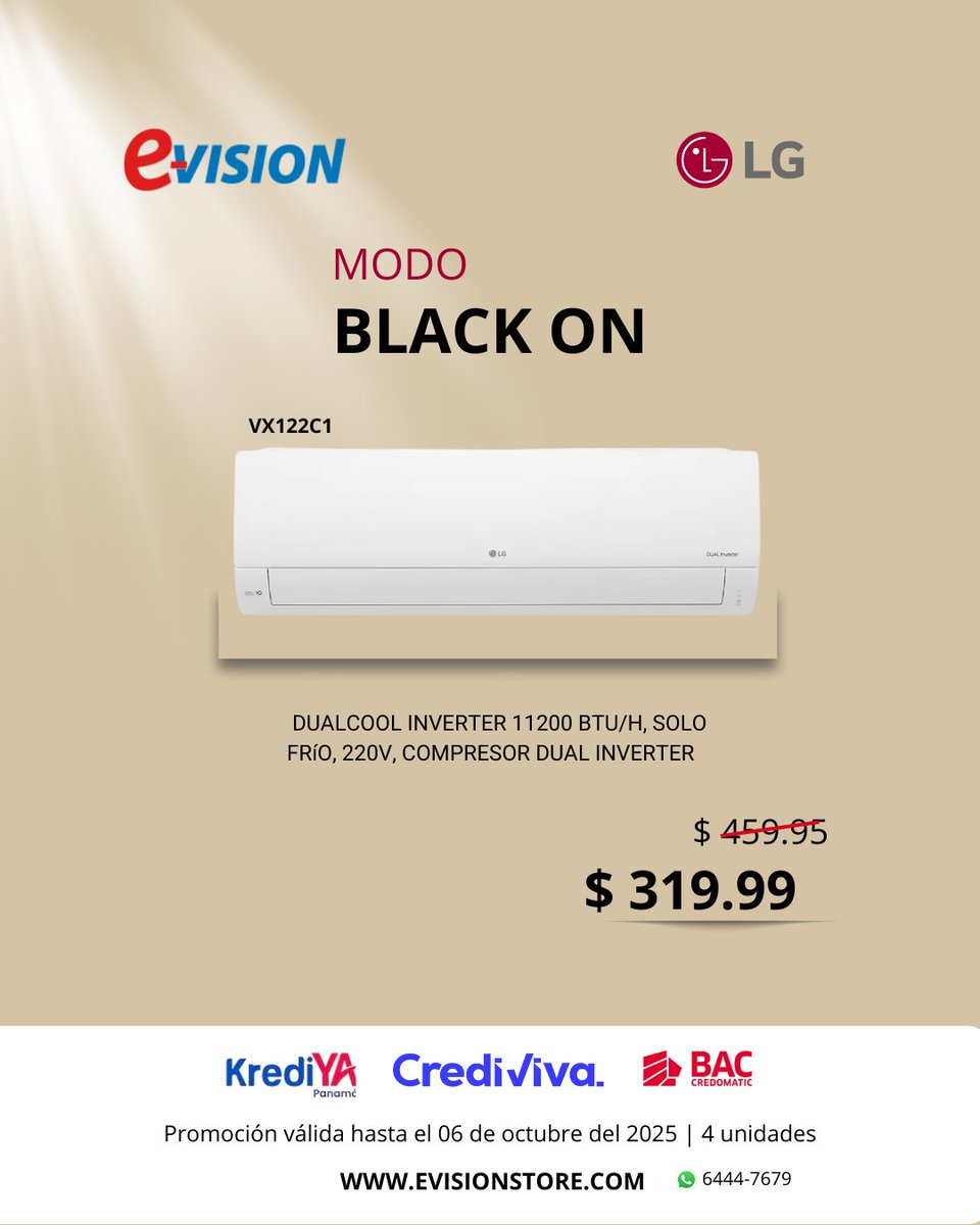 evisionstore's tweet photo. ¡Black Weekend en modo BLACK con los aires acondicionados LG en E-Vision! Disfruta de la mejor tecnología para tu hogar a precios especiales y con la comodidad de elegir cómo pagar:
KrediYa: solo con tu cédula CrediViva: aprobación rápida Visa BAC Credomatic: hasta 24 cuotas 0% https://t.co/V7bIiSiHHx