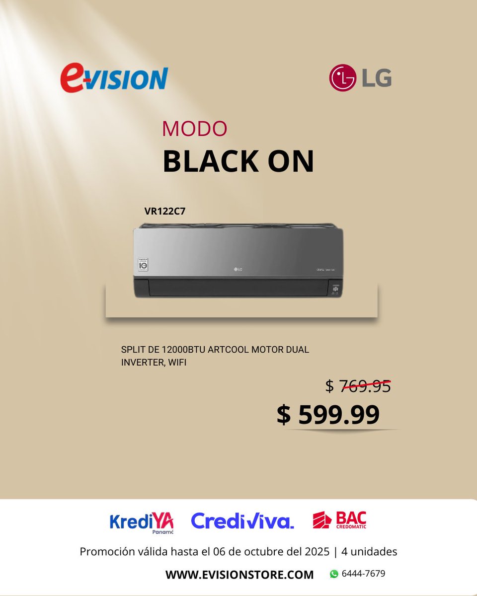 evisionstore's tweet photo. ¡Black Weekend en modo BLACK con los aires acondicionados LG en E-Vision! Disfruta de la mejor tecnología para tu hogar a precios especiales y con la comodidad de elegir cómo pagar:
KrediYa: solo con tu cédula CrediViva: aprobación rápida Visa BAC Credomatic: hasta 24 cuotas 0% https://t.co/V7bIiSiHHx
