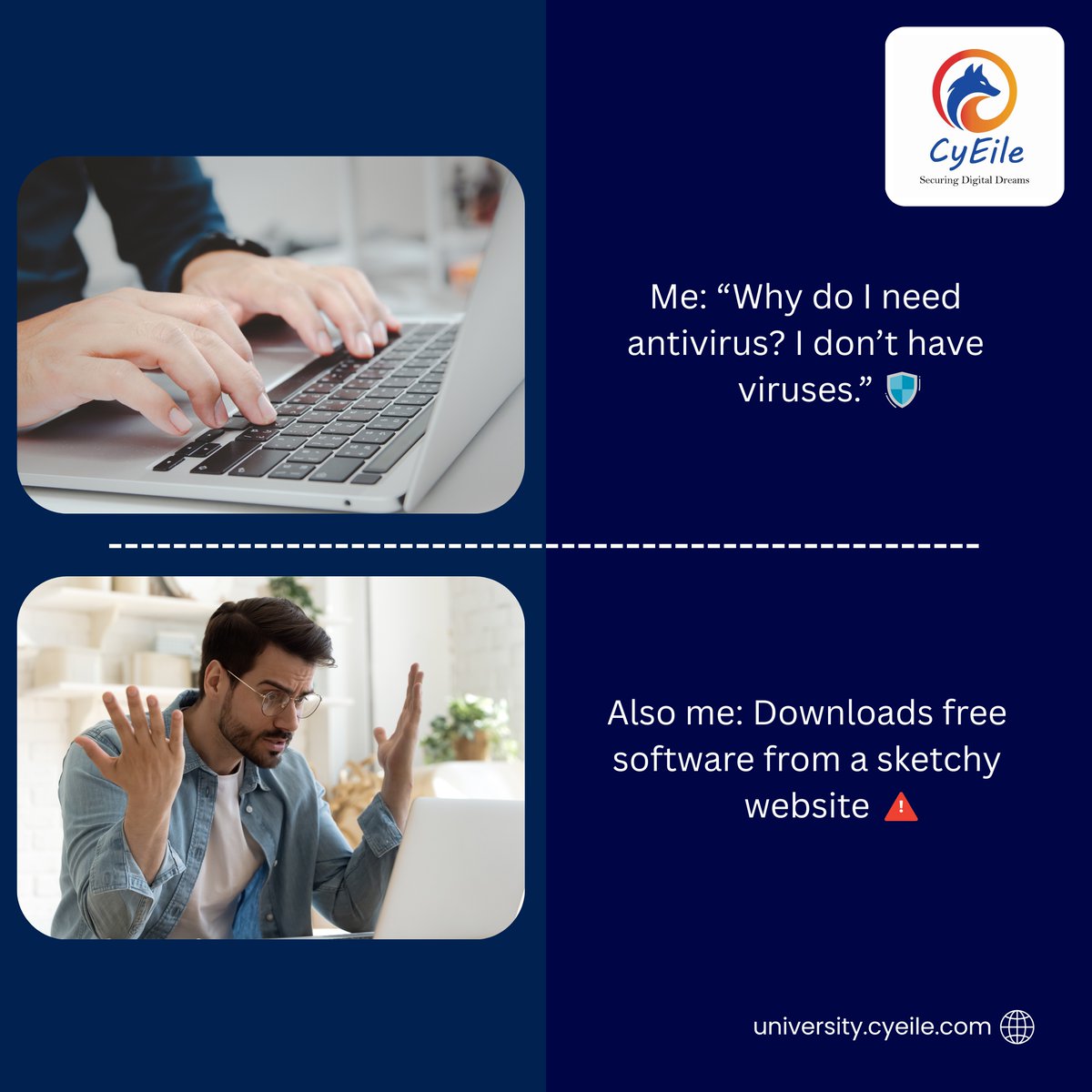 cyeile's tweet image. Me: “I don’t need antivirus.”
Also me: Downloads sketchy software

Hackers: “Welcome to the club.”

🛡️ Prevention is better than cure—secure your devices!

#CyberSecurity #Antivirus #CyEileTech
