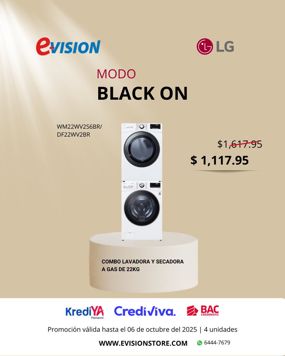 evisionstore's tweet photo. ¡El Black Weekend se vive en modo BLACK con los combos de lavadora + secadora!
Haz tu vida más fácil con la tecnología LG y aprovecha precios especiales.
Elige tu forma de pago:
KrediYa con solo tu cédula
CrediViva aprobación rápida
Visa BAC Credomatic hasta 24 cuotas al 0% https://t.co/nRIkVOytpG