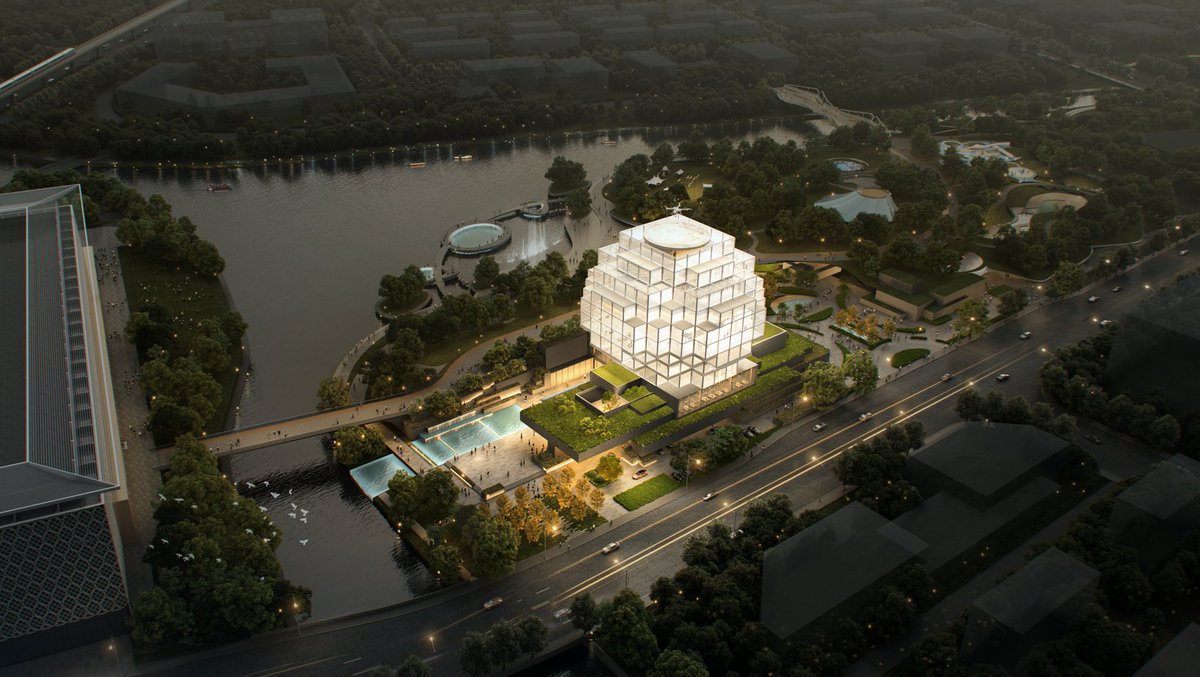 LinpingStyle's tweet image. 😍The iconic &quot;Digital-Physical Seed (Quantum Cloud)&quot; project officially commenced construction in #Linping’s Linghu Park. The Quantum Cloud appears as if composed of stacked pixel blocks, showcasing an irregular facade shape. #design