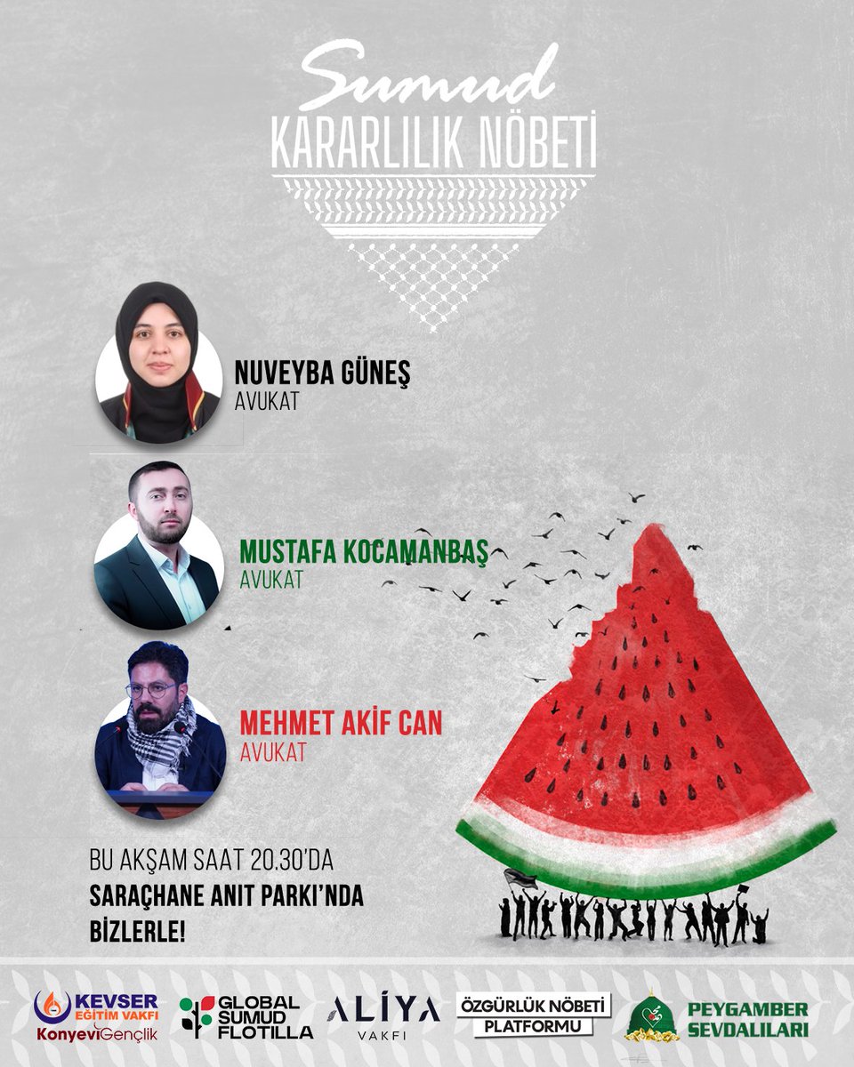 HUKUKÇULAR BİZLERLE! ✊🏼🇵🇸

Sumud Filosu Gazze rotasında kritik saatlerindeyken bizler de SUMUD KARARLILIK NÖBETİ 4. gecesndeyiz. Bu akşam değerli hukuçularımızla söyleşi gerçekleştireceğiz. Tüm Filistin gönüllüsü kardeşlerimiz davetlidir.

📍Saraçhane Anıt Parkı
🕗Bugün, Saat