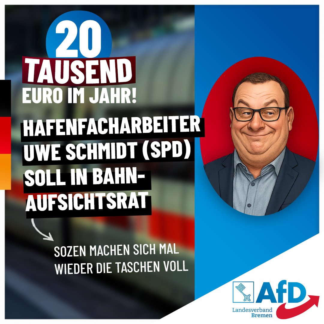 Reichen 11.000 Euro im Monat denn nicht mehr?

Die SPD-Fraktion im Bundestag hat beschlossen, ihren Bremer Abgeordneten Uwe Schmidt in den Aufsichtsrat der Deutschen Bahn zu entsenden. Schließlich hat die Bundesrepublik das Recht, drei Mitglieder zu bestimmen. Aber mal ehrlich –