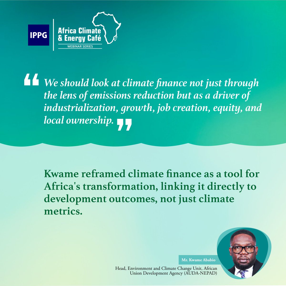 ippgafrica's tweet image. ☕ Take a sip and lean in — Kwame Ababio of AUDA NEPAD had a wealth to share at #ACECafé Episode 2.

Do you agree with his take? Drop your thoughts below and watch the full discussion here: youtube.com/live/pPcHRGrKP…

#UpForTheACEcafe #IPPGAfrica #IPPG #EnergyAccess #ClimateFinance…