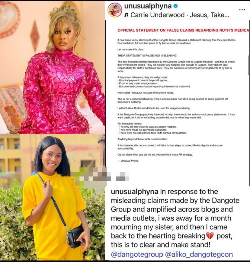 Kolaqhazim's tweet image. Phyna, the BBNaija star, fires back at Dangote Group&apos;s claim of arranging Ruth&apos;s treatment abroad, insisting no real plans were made. &quot;Don&apos;t claim what you didn&apos;t do,&quot; she counters fiercely. #JusticeForRuth #PhynaSpeaks