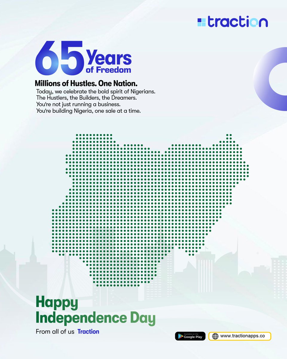 65 years of resilience, with limitless years to come. Nigerians, you are the power. Happy Independence Day!
#happyindependenceday #NigeriaAt65 #tractionapps