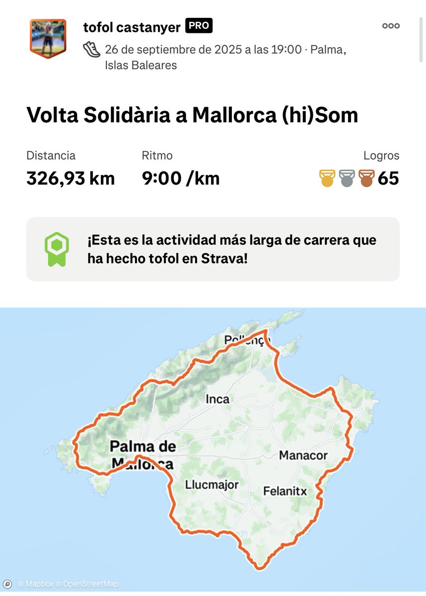biel_rafols's tweet image. Felicitats @tofolcastanyer , fa la volta a l’illa de Mallorca en 49h (327km) per recaptar fons pel cancer infantil #unkmdevida #hisom