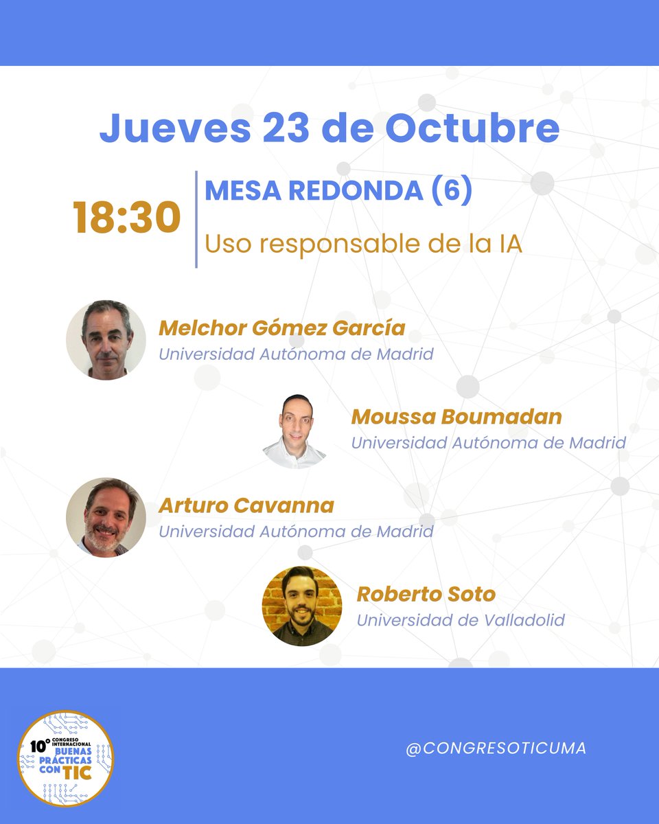 CongresoTicUMA's tweet photo. Mesa redonda (6): Uso responsable de la IA
- Melchor Gómez García @melchor 
- Moussa Boumadan @moussaboumadan 
- Arturo Cavanna @ArturoCavanna 
- Roberto Soto @rtito04 

#CongresoTicUMA
#CongresoTIC2025
#BuenasPrácticasTIC
#TecnologíaEducativa
#UMA
#Málaga https://t.co/GQvMaK7mmr