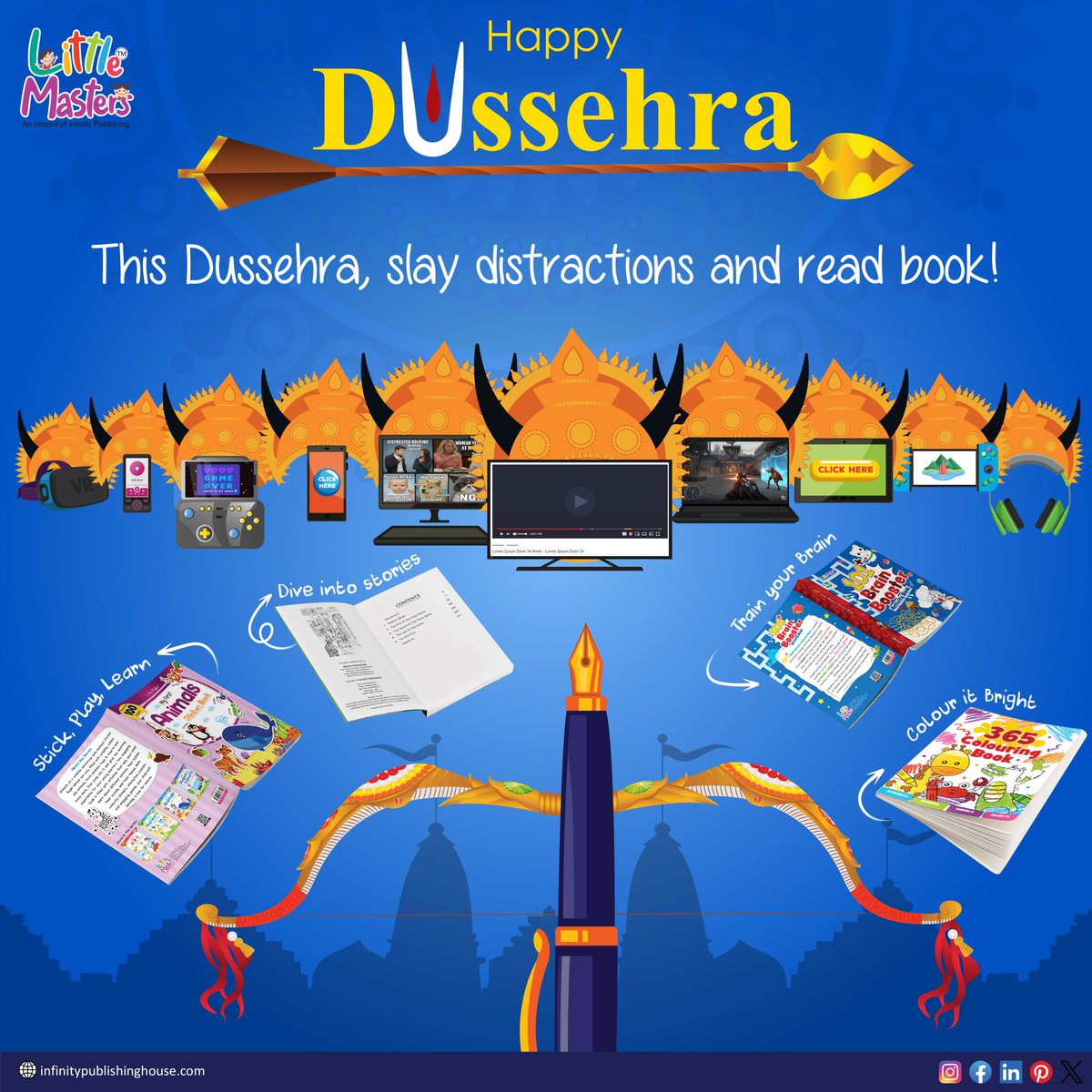 LittleMasters_'s tweet photo. Happy Dussehra! ✨ This festival reminds us of the victory of good over evil. Let’s take it a step further this year—victory over distractions! 📱❌ Pick up a book, dive into stories and let your imagination shine. Because some of the best journeys happen in the pages of a book. https://t.co/LMIq8gQsY4