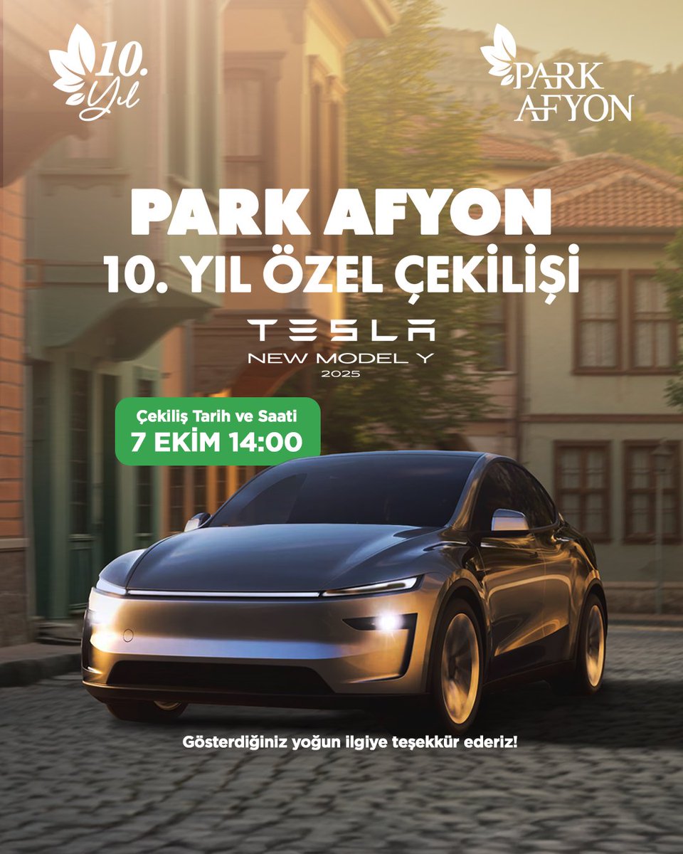 Park Afyon’un 10. yılına özel büyük çekilişimiz sonunda açıklanıyor! 🎉 
Uzun zamandır sabırsızlıkla beklenen Tesla Model Y 2025 çekilişimiz 7 Ekim saat 14.00’te yapılacak. Bu süreçte göstermiş olduğunuz yoğun ilgi için teşekkür ederiz. 
#10Yıl #ParkAfyonKazandırıyor #Tesla