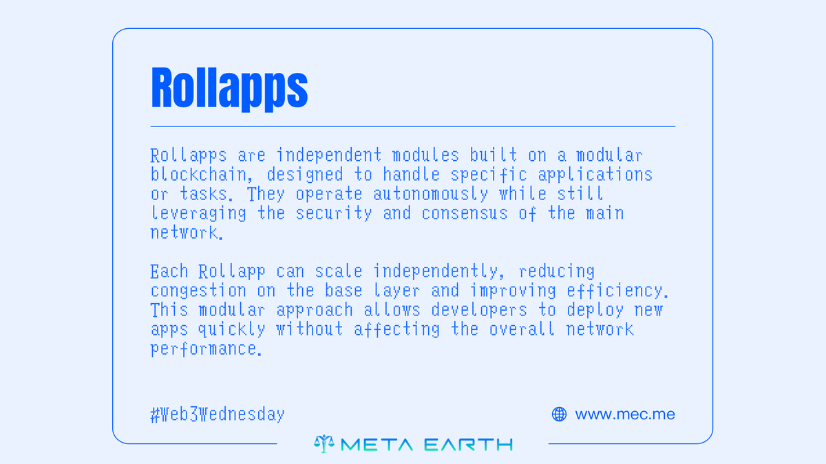 _MetaEarth_'s tweet photo. #Web3Wednesday
🤔 Think of #Rollapps like independent shops in a massive mall, each running its own show, yet connected to the same security system keeping the mall safe

On #MetaEarth, Rollapps work similarly:
1⃣ Autonomous modules built on our #modularblockchain
2⃣ Scale independently without affecting the base layer
3⃣ Secured by the main network’s #consensus
4⃣ Smoother, faster & more efficient for users and developers

👉 Try it out yourself: https://t.co/cnwXRNF3z2
