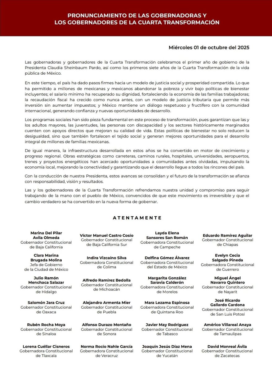 salomonj's tweet photo. Las y los gobernadores de la #CuartaTransformación celebramos el primer año de gobierno de la Presidenta Claudia Sheinbaum Pardo (@Claudiashein), refrendando nuestra unidad y compromiso para seguir trabajando de la mano del pueblo de México.

A siete años del inicio de la transformación, nuestro país avanza con visión y resultados.