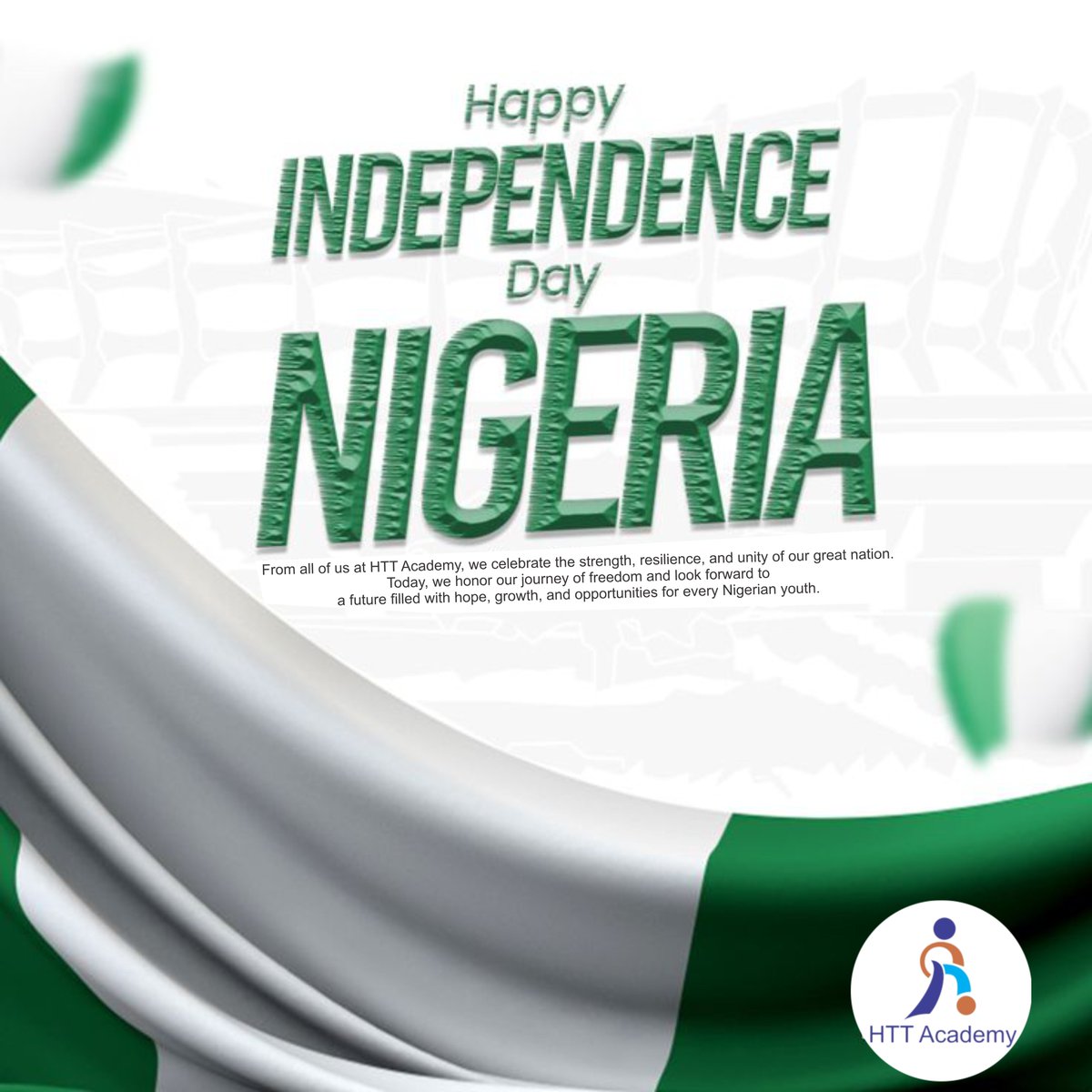 httacademy1's tweet image. From all of us at HTT Academy, we celebrate the strength, resilience, and unity of our great nation. Today, we honor our journey of freedom and look forward to a future filled with hope, growth, and opportunities for every Nigerian youth. Together, we rise. Together, we shine.