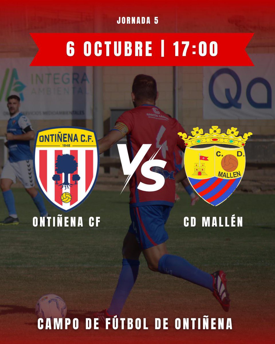 JORNADA 5

⚽️ Ontiñena CF🆚 CD Mallén
🕢 17:00h
📍 El Balsal