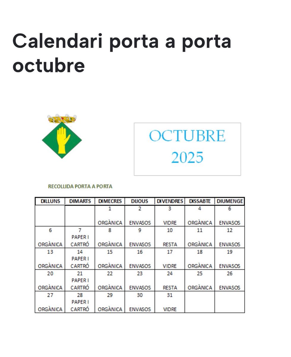 Compartim el calendari del porta a porta d’octubre ♻️
📣 L’atenció al públic serà el dimecres 15 d’octubre de 9.00 a 17.00 h, a l’oficina de Correus. 
#maials