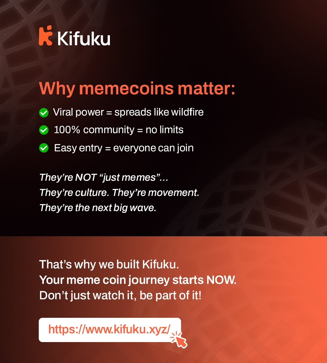 kifukuofficial's tweet image. Memecoins aren’t just memes.
They’re culture. They’re movement. They’re the next big wave 🌊

Don’t just watch it, be part of it 
👉 kifuku.xyz

#MemeCoin #cryptoapps #memepump #CryptoCommunity