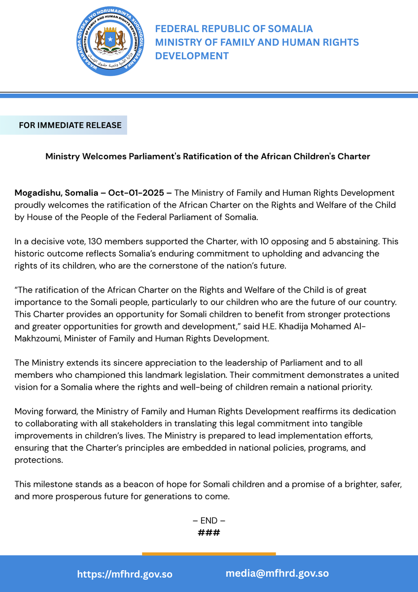 SONNALIVE's tweet photo. The Ministry of Family and Human Rights Development welcomes Parliament’s ratification of the African Charter on the Rights and Welfare of the Child. Family Minister @KhadijaMakhzumi highlighted its importance for protecting Somali children. #Somalia #ChildRights https://t.co/GRccoESeEV