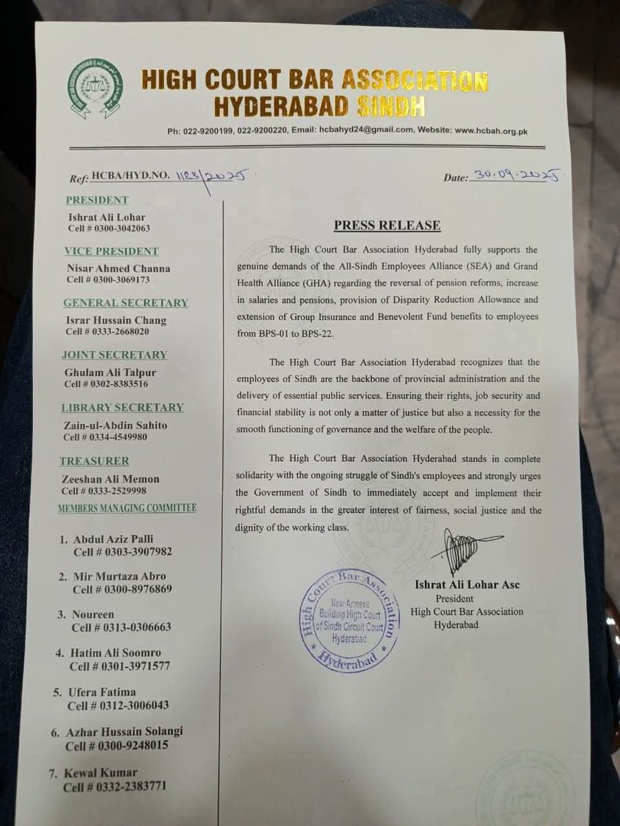 Sindh High Court Bar Association Hyderabad also announced solidarity with Sindh Employees Alliance (SEA) in terms of each &amp; every moment specially sit-in Dharna at BILAWAL HOUSE Karachi on 6th October 2025.
#JusticeForSindhEmployees