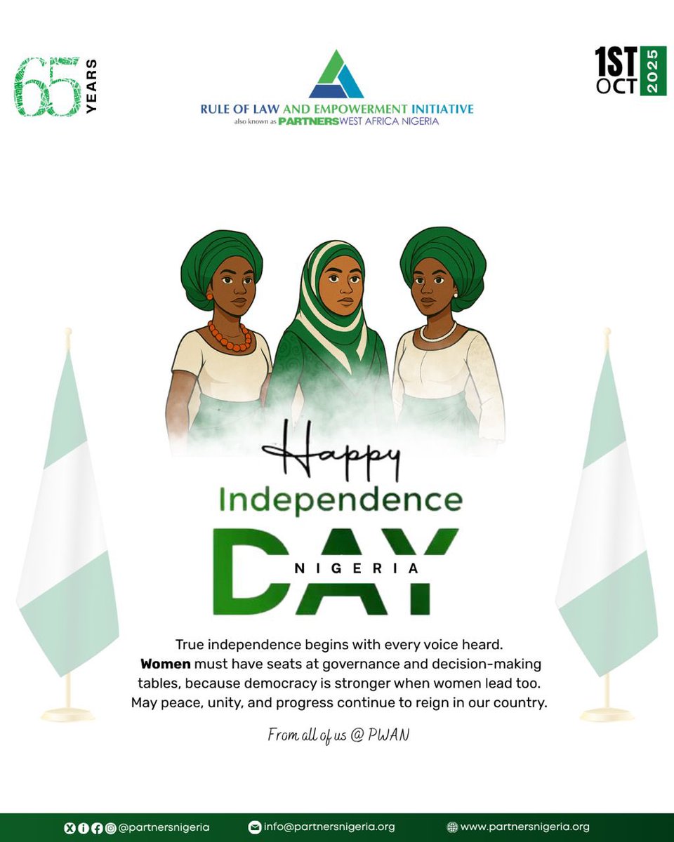 partnersnigeria's tweet image. True independence begins with every voice heard.

Women must have seats at governance and decision-making tables, because democracy is stronger when women lead too.

May peace, unity, and progress continue to reign in our country.

From all of us at PWAN

#PWAN #PWANIGERIA…