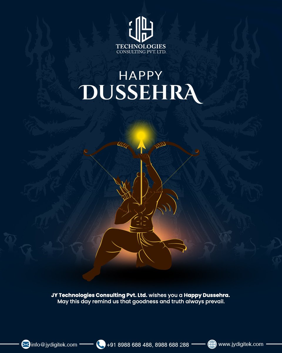 ⚡Just like Lord Ram’s arrow hit the target, let your business goals hit the bullseye this festive season! 🎯✨
 Happy Dussehra from JY Technologies!
#HappyDussehra  #MarketingGoals #BusinessGrowth #GoodOverEvil #VictoryOfSuccess #DigitalGrowth #FestiveMarketing #JYTechnologies