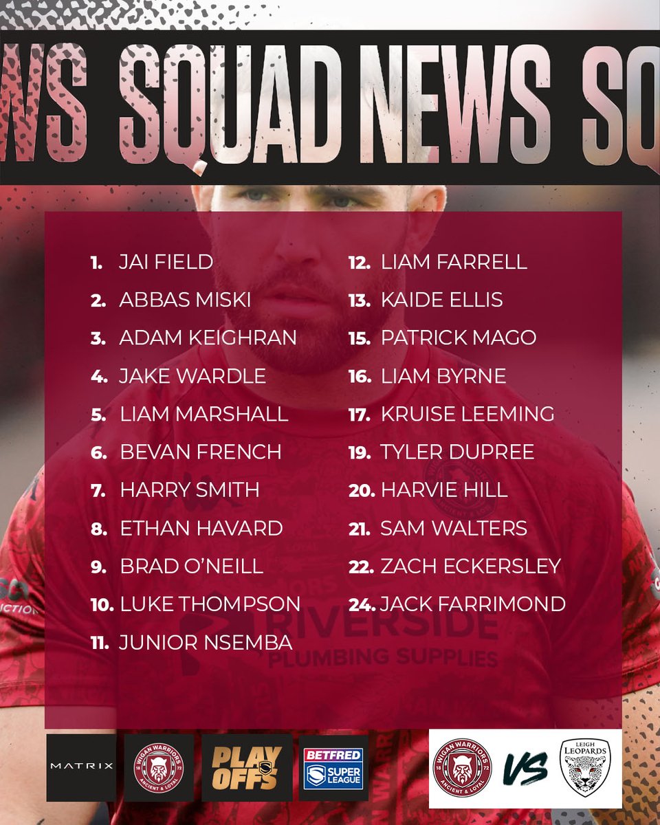 WiganWarriorsRL's tweet image. 📋 𝗦𝗾𝘂𝗮𝗱 𝗡𝗲𝘄𝘀 

Matt Peet has named his squad for Friday night's Super League Play-Off Semi-Final against Leigh Leopards! 

Full squad news 👉 wwrl.net/SquadSF

#WWRL #SLWIGLEI