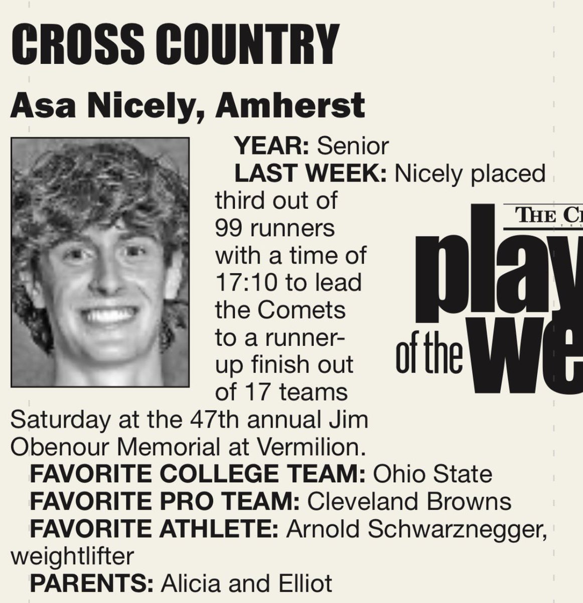 SteeleComets's tweet image. Congratulations to Asa Nicely on being named a Chronicle Telegram Runner of the Week!!!