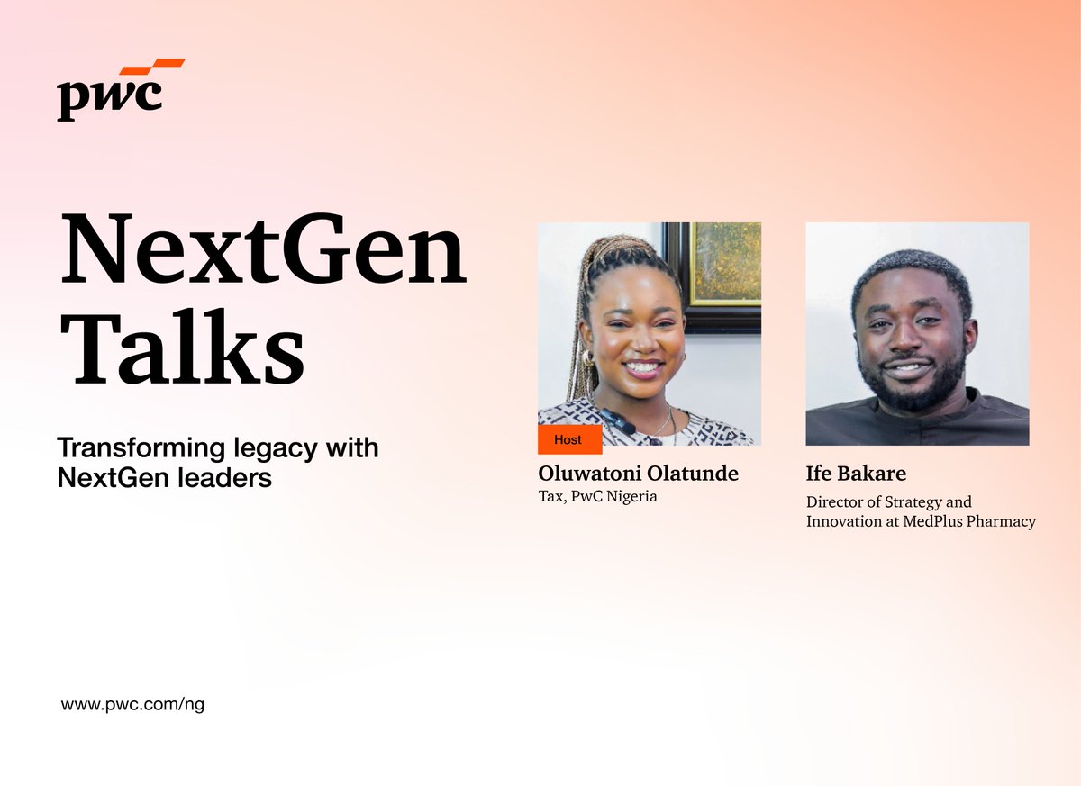 PwC_Nigeria's tweet photo. We are excited to share a new episode of our podcast, #NextGenTalks. We spoke with Ife Bakare of Medplus Pharmacy to explore how emerging leaders are redefining legacy in family enterprises.
Discover how the next generation is driving transformation while honouring tradition. https://t.co/c3ASvyBqaT