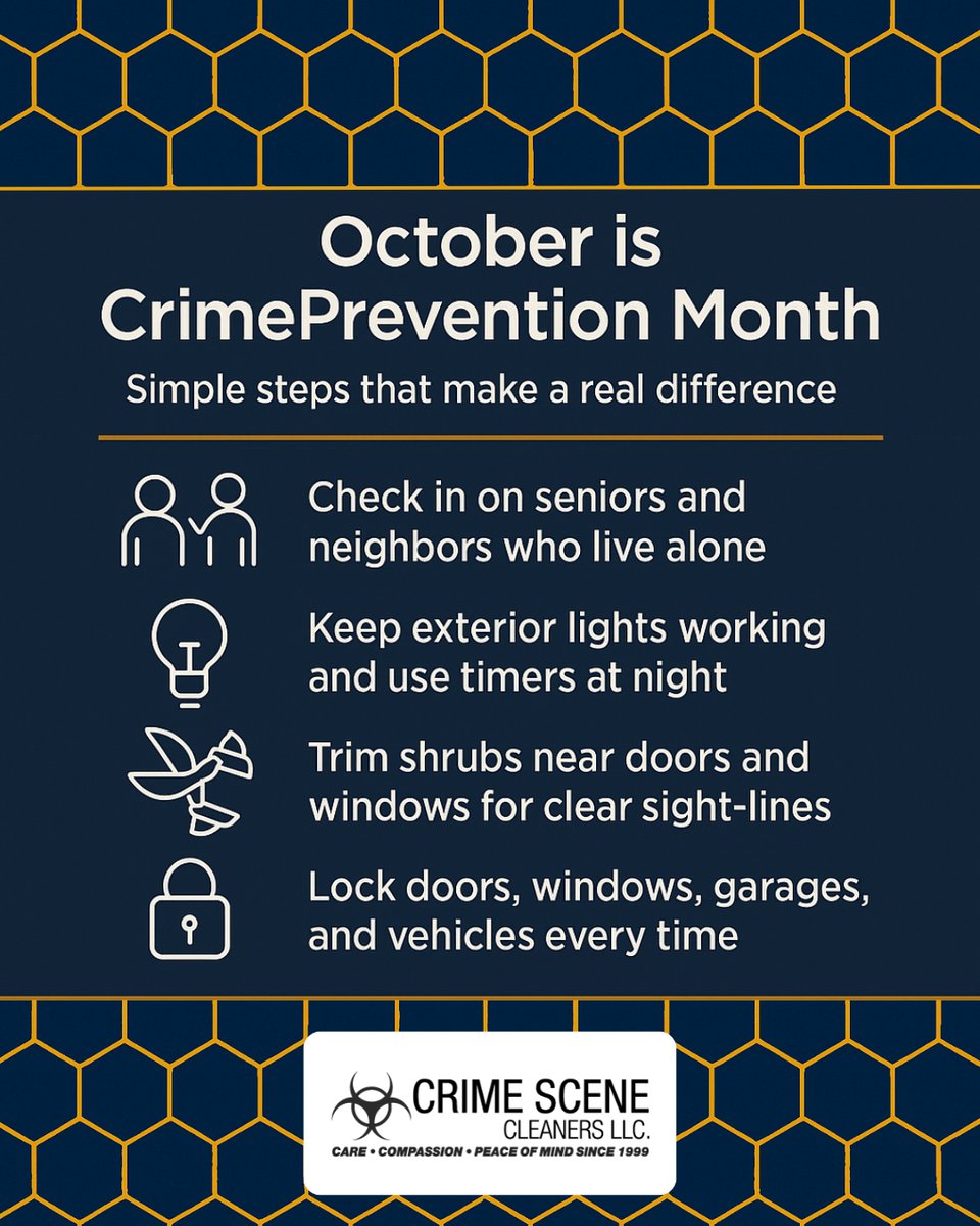 LlcCrime's tweet image. Crime Scene Cleaners KC | Crime Prevention Month Tips for Kansas City
This Law Enforcement Month, stand with our officers, report concerns, thank a deputy, and if a traumatic scene occurs, call Crime Scene Cleaners KC. 

#kansascity #csckc #crimescenecleaners #missouri