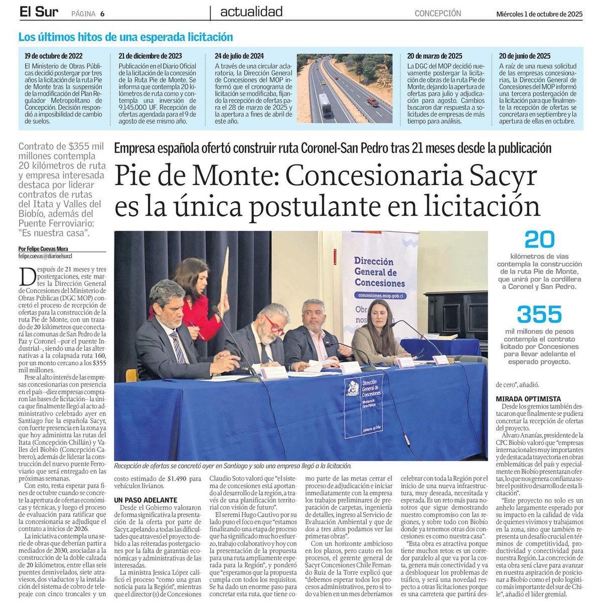 21 meses desde su publicación oficial y tres postergaciones debieron ocurrir para que se concretara la recepción de ofertas para construir la ruta Pie de Monte: en <a href="/elsurcl/">Diario El Sur</a> de hoy contamos que la española Sacyr es la única oferente para realizar contrato de $355 mil millones 🗞️✅