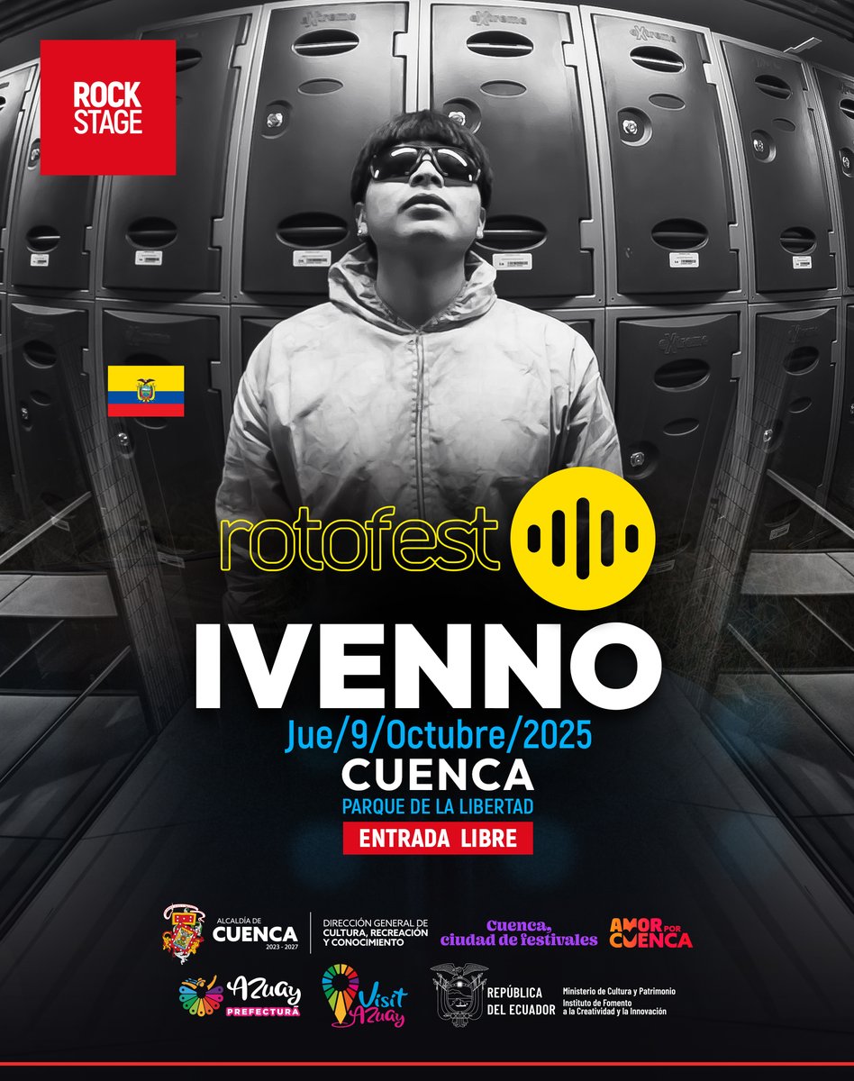 Rotofest's tweet photo. 🎸 IVENNO en el Rock Stage de #Rotofest2025
Pop alternativo con vibra synthwave, mezclando trap, indie rock y nostalgia 80s/90s 🌌
📅 Jue 9 OCT | 12h00 · 📍 Parque de la Libertad – Cuenca
🎟 Entrada libre
#RockStage #Rotofest #MúsicaEcuatoriana https://t.co/tKdzt6ZoiN