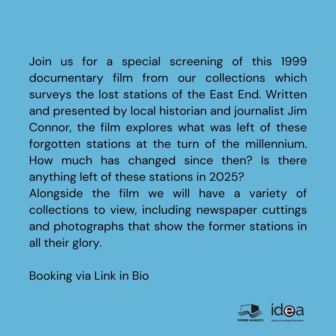Tower Hamlets Archives (@lbtharchives) on Twitter photo Join us for a special screening documenting the lost stations of the East End in this recently digitised film. 
Book your place here orlo.uk/YqgEK Join us for a special screening documenting the lost stations of the East End in this recently digitised film. 
Book your place here orlo.uk/YqgEK