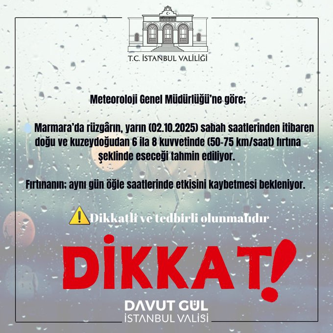 A building with arched windows and a logo reading "T.C. İSTANBUL VALİLİĞİ" at the top. Red text stating "DİKKAT!" is prominently displayed. Yellow text includes a warning symbol and the name "Davut Gül İSTANBUL VALİSİ" at the bottom.