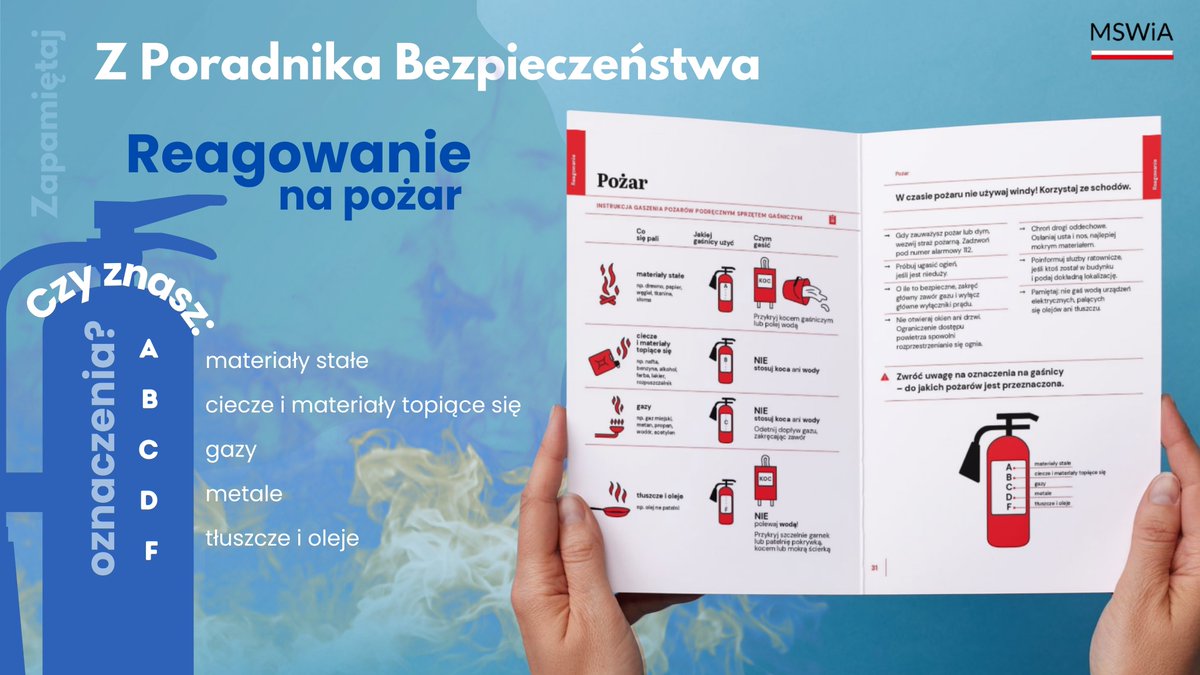 📖 Dziś strony Poradnika Bezpieczeństwa otwierają się na reagowaniu w czasie pożaru. 

To jedno z najbardziej podstępnych zagrożeń, może wybuchnąć w kilka sekund i błyskawicznie się rozprzestrzenić 🔥. Wtedy nie ma miejsca na wahanie, liczy się szybka i świadoma reakcja. Musisz