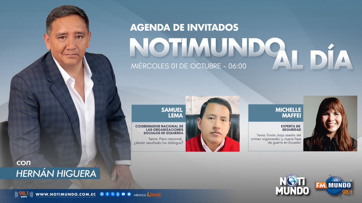 notimundoec's tweet photo. 🔊 #AlAire | Iniciamos una nueva emisión de #NotimundoAlDía, con @higuerahernan.

Hoy conversamos con @SamuelL55673893 y @maffeisredrum. Comunícate con nosotros. ⤵️

📲 098 999 9819

📻 98.1 FM #Quito 

🎥 https://t.co/8TmaB7wd4B

🌐 https://t.co/Crat2zJg0A https://t.co/dF5YpsLa3D