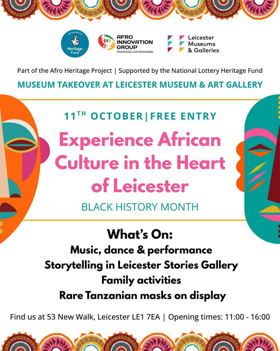 This Black History Month, we’re proud to partner with <a href="/leicestermuseum/">Leicester Museums & Galleries</a> 🎉

📅 1-31 Oct, 11am-4pm
📍 Leicester Museum &amp; Art Gallery, 53 New Walk, LE1 7EA

Don’t miss our Museum Takeover on Sat 11 Oct; music, dance, storytelling &amp; rarely seen Tanzanian masks.

<a href="/HeritageFundUK/">The National Lottery Heritage Fund</a>
