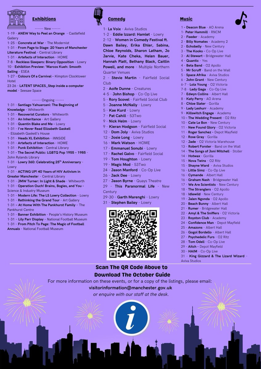 MancLibraries's tweet image. Check out the latest October What&apos;s On Guide from Manchester Visitor Information Centre at Central Library. 

Your handy guide to the best Theatre, Music, Comedy, Exhibitions, Experiences, and more in MCR this month.

View the guide, or download it here: tinyurl.com/4dwm9m4k