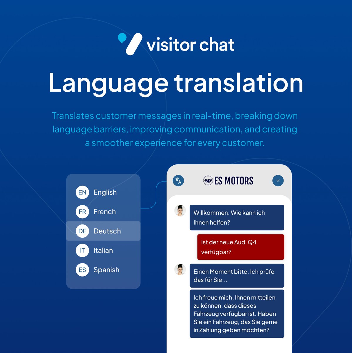 🌍 Speak your visitors' language. Instantly.

Visitor Chat’s real-time live chat translation, breaks barriers &amp; builds stronger customer connections. 💬✨

#CustomerExperience #TranslationTech #VisitorChat