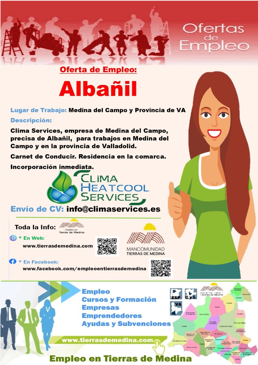 TierrasdeMedina's tweet photo. Oferta de #Empleo: #Albañil #MedinadelCampo y Provincia de VA
#ClimaServices, empresa de Medina del Campo, precisa de Albañil, para trabajos en Medina y provincia de Valladolid
Carnet de Conducir
Incorporación inmediata
Envío de CV: info@climaservices.es
#TierrasdeMedina https://t.co/L5fOMubdtm