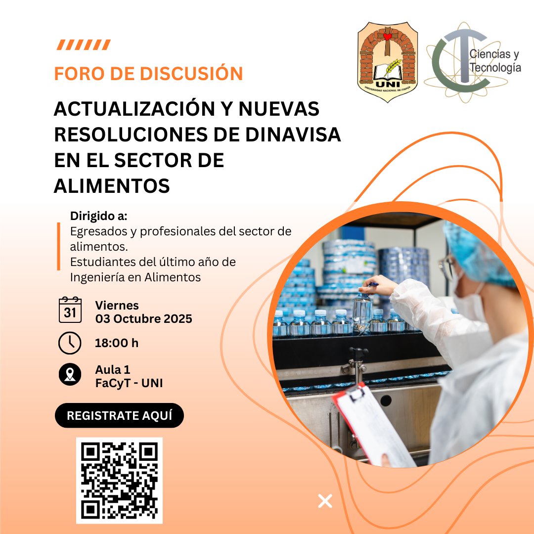 Actualización y Nuevas Resoluciones de DINAVISA en el sector de Alimentos.

📅 Viernes 03/10/2025
⏰ 18:00 h
📍 Aula 1 – FaCyT, Encarnación
👩‍🎓 Dirigido a egresados, profesionales y estudiantes del último año de Ingeniería en Alimentos.
🔗 Inscripciones: forms.gle/UEmP54ffNj1APf…