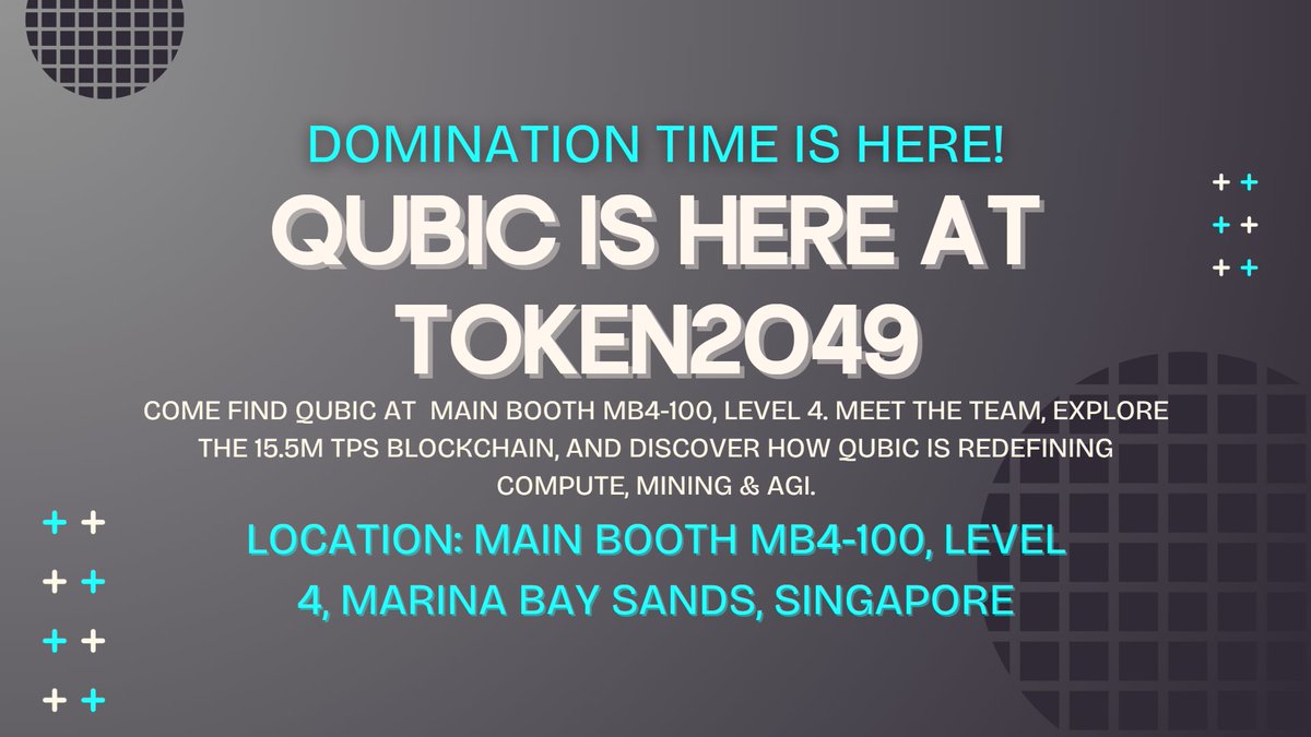 <a href="/_Qubic_/">Qubic</a>  is LIVE at TOKEN2049 Singapore!
📅 October 1st, 2025
📍 Main Booth MB4-100, Level 4. Open all day!
Come meet the team, explore the 15.5M TPS blockchain, and discover how Qubic is redefining compute, mining &amp; AGI. 🚀

🎁 Plus: Participate in our #QUBICINTOKEN2049