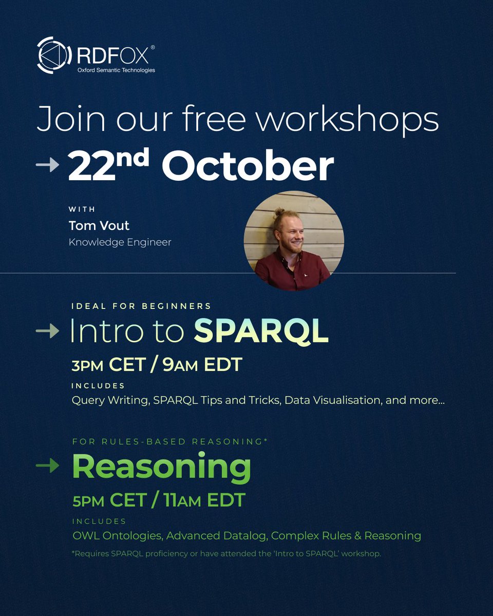 oxfordsemantic's tweet image. Join us on 22 Oct for the #RDFox Semantic Reasoning #workshop! 👇

We&apos;ll be covering everything to get you started with:
✅ #KnowledgeGraphs
✅ Writing #SPARQL queries
✅ #Ontologies
✅ Datalog rules
✅ Best practice tips &amp;amp; tricks

📌 Sign up for free
hubs.li/Q03BJJCb0