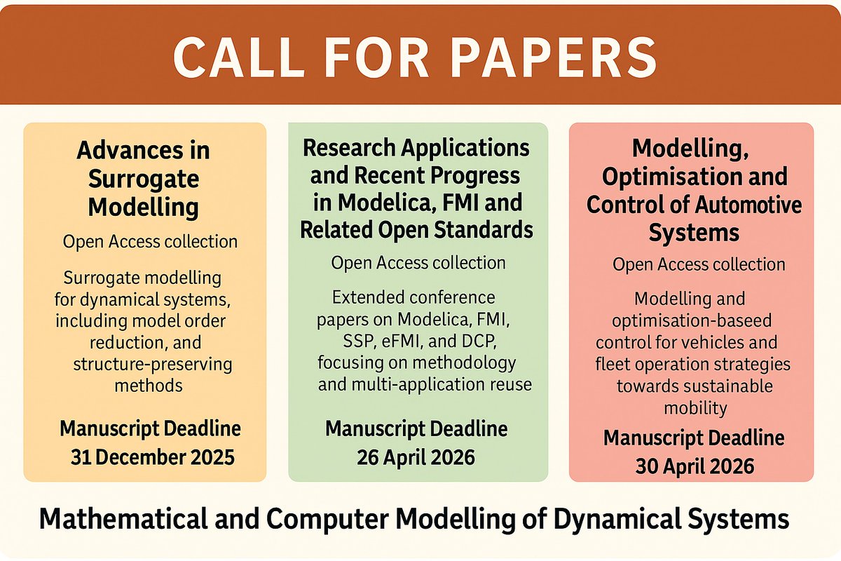 MCMDSJournal's tweet image. 📢 Call for Papers - @MCMDSJournal
3 Open Access special issues are open for submissions!
Deadlines: 31 Dec 2025 | 26 Apr 2026 | 30 Apr 2026
Join us in advancing modelling, optimisation & dynamical systems 🚀
tandfonline.com/journals/nmcm20