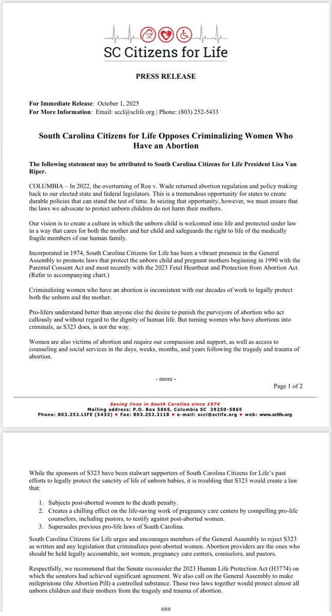 In case you are wondering how today’s South Carolina Senate subcommittee hearing on abortion bill S-323 is going to go, even SC Citizens for Life, who has fought for stricter abortion laws for 40 years, is against this one. 
Bill: scstatehouse.gov/sess126_2025-2…