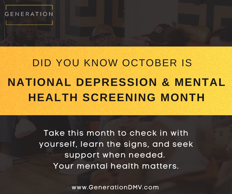 GenerationDmv's tweet image. October is National Depression &amp;amp; Mental Health Screening Month 🧠
 A reminder to pause, check in, and prioritize your mental well-being. Screenings save lives, conversations break stigma, and community creates healing.

 #DepressionScreeningMonth #MentalHealthAwareness